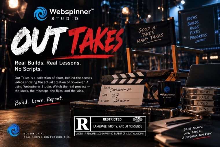 Out Takes &mdash; a film set with a clapperboard reading Scene: Sovereign AI, Take 27. Real Builds. Real Lessons. No Scripts.